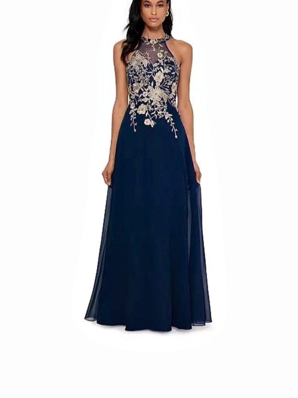 Betsy & Adam Petite Sleeveless Floral-Appliqué Illusion Gown Blue & Gold Medium